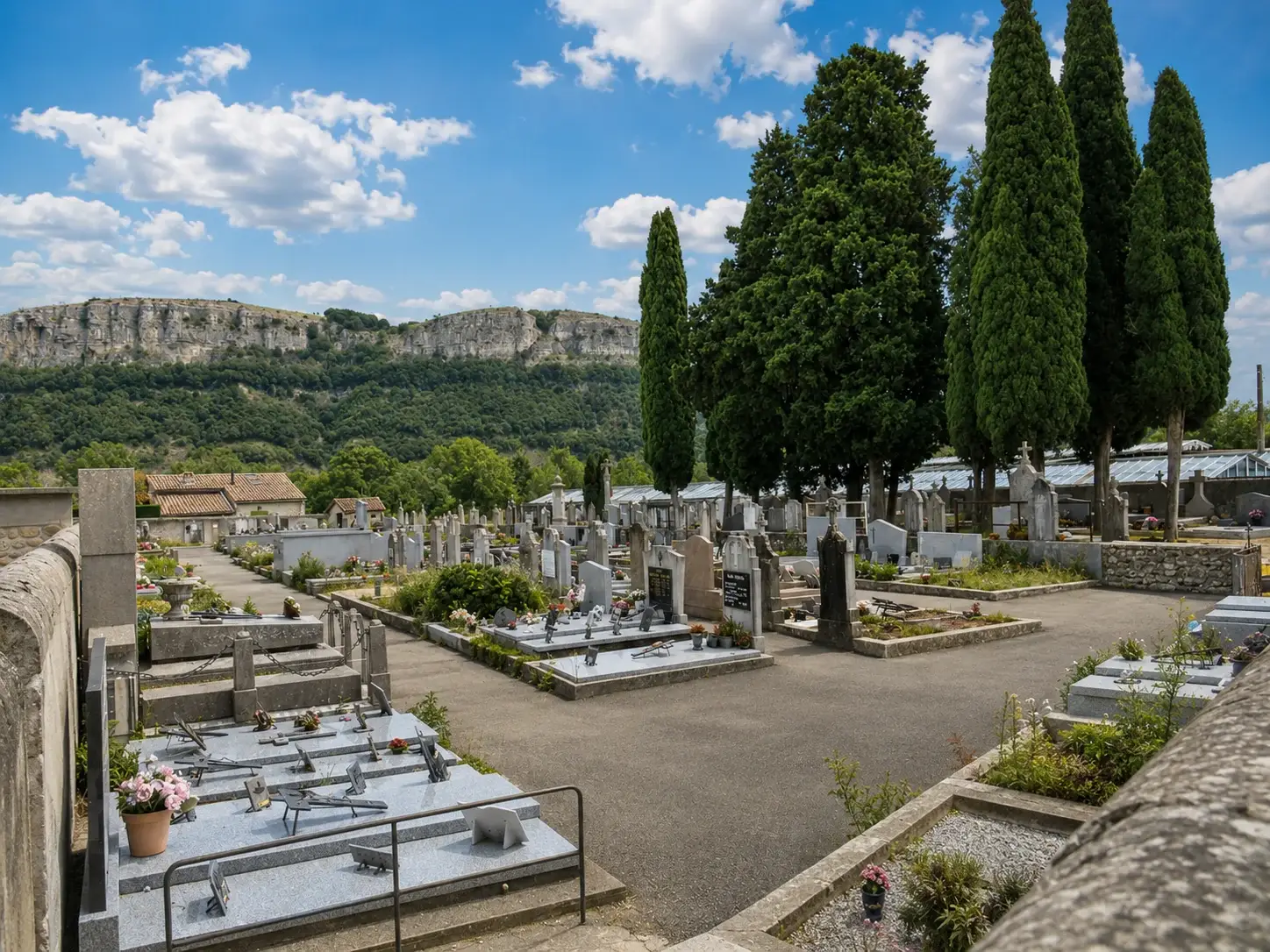 Cimetière de Saint-Didier-sous-Aubenas avec vue sur les falaises ardéchoises